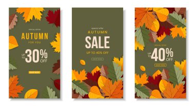 Sonbahar afişi yeşil arka planda sonbahar yaprakları ile kurulmuş. Reklamcılık, web, sosyal medya için tasarım şablonu. Vektör illüstrasyonu