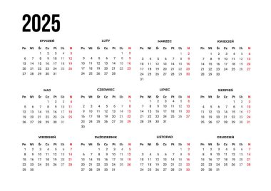 Calendar 2025 in Polish language. Vector clipart