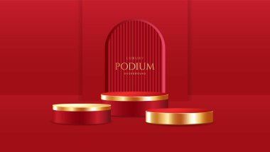 Kırmızı arka planda gerçekçi 3D altın ve kırmızı boş podyum. Ürün tanıtımı ve pazarlama promosyonu için zarif sahne tasarımı, reklam, afiş, poster. Vektör illüstrasyonu.