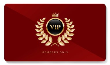 Altın taç, defne çelengi ve diğer unsurlarla kırmızı renkli VIP kartı. Lüks tasarım. Vektör illüstrasyonu