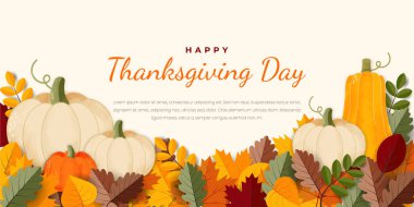 Bayrak tasarım şablonunuz kutlu olsun. Balkabağı ve kuru yapraklı sonbahar arkaplanı. Vektör illüstrasyonu