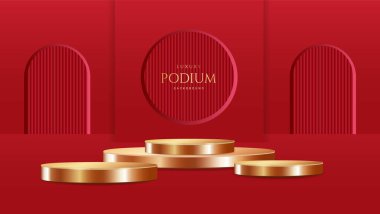 Kırmızı arka planda 3 boyutlu gerçekçi boş podyum. Ürün tanıtımı ve pazarlama promosyonu için zarif sahne tasarımı, reklam, afiş, poster. Vektör illüstrasyonu.