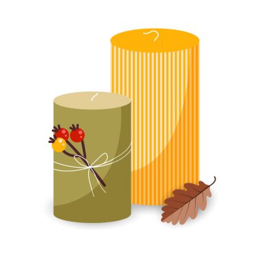 Rowan ağacı dallı mumlar ve sonbahar yaprağı. Sonbahar havası. Sarı ve yeşil renkli vektör illüstrasyonu