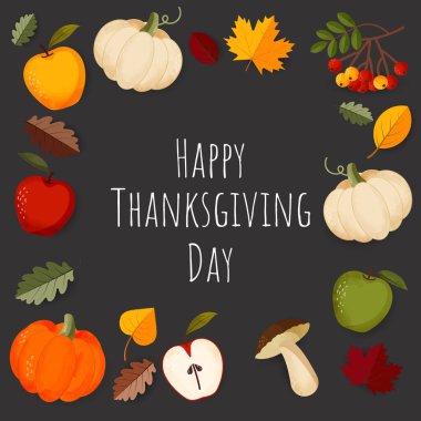 Bayrak tasarım şablonunuz kutlu olsun. Balkabağı, elma ve güz yapraklarıyla sonbahar arkaplanı. Vektör illüstrasyonu