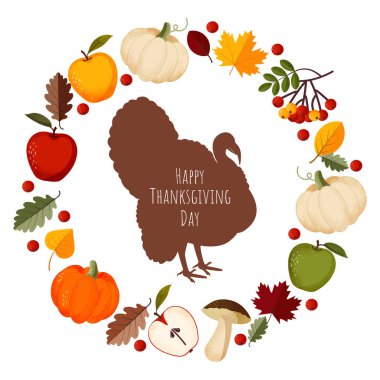 Şükran Günü kutlama pankartı şablonu. Balkabağı, elma, dökülen yapraklar ve hindi siluetiyle sonbahar arkaplanı. Vektör illüstrasyonu