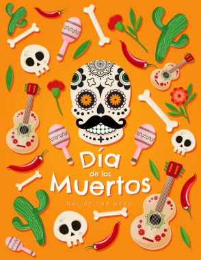 Dia de Los Muertos - Ölüler Günü bayrağı, poster, renkli Meksika geleneksel nesnelerinin olduğu kart. Vektör illüstrasyonu