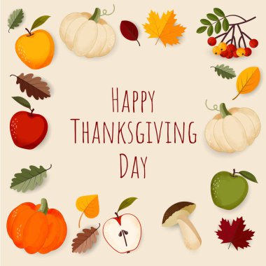 Bayrak tasarım şablonunuz kutlu olsun. Balkabağı, elma ve güz yapraklarıyla sonbahar arkaplanı. Vektör illüstrasyonu