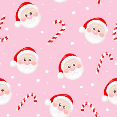 Şirin Noel Baba yüzleri ve pembe arka planda şeker kamışları olan kusursuz bir desen. Mutlu Noeller ve mutlu yıllar. Baskı, ambalaj kağıdı, tekstil, kumaş, duvar kağıdı için tasarım