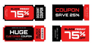 Kara Cuma kupon seti, kuponlar satış için promosyon tasarım şablonu, özel fiyat pankartları. Siyah ve kırmızı renkte vektör illüstrasyonu