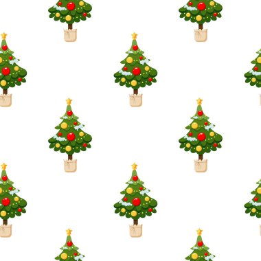 Beyaz arka planda Noel ağacı olan kusursuz bir desen. Mutlu Noeller ve mutlu yıllar. Baskı, ambalaj kağıdı, tekstil, kumaş, duvar kağıdı için tasarım