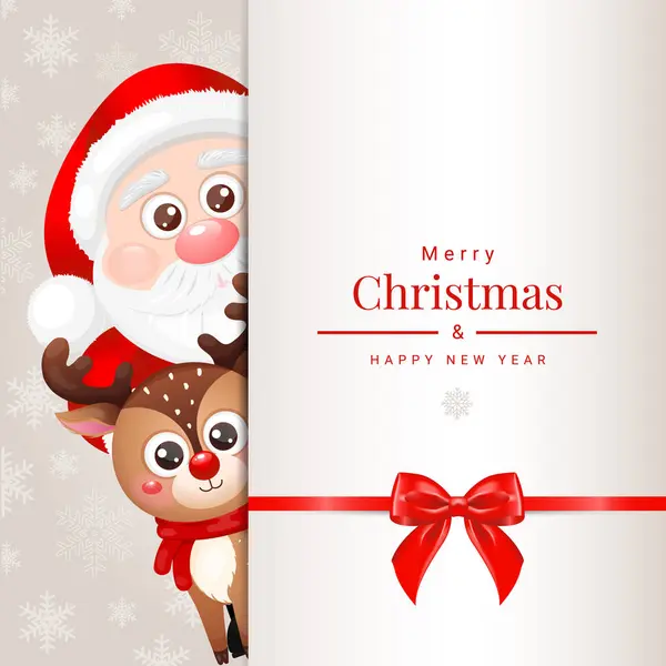 Mutlu Noeller ve mutlu yıllar. Kart, afiş, arka planda şirin bir Noel Baba resmi. Vektör İllüstrasyonu