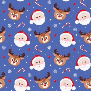 Şirin Noel Baba ve mavi arka planda ren geyiği yüzleri olan kusursuz bir desen. Mutlu Noeller ve mutlu yıllar. Baskı, ambalaj kağıdı, tekstil, kumaş, duvar kağıdı için tasarım
