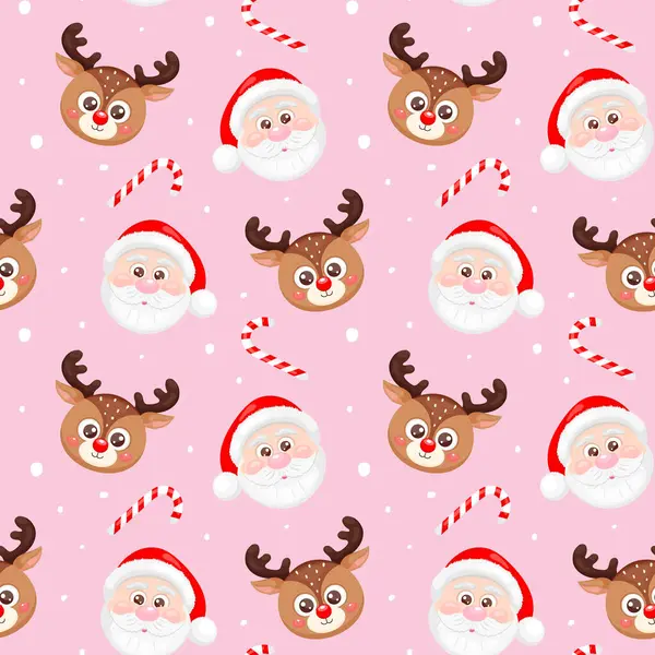 Şirin Noel Baba ve pembe arka planda ren geyiği yüzleri olan kusursuz bir desen. Mutlu Noeller ve mutlu yıllar. Baskı, ambalaj kağıdı, tekstil, kumaş, duvar kağıdı için tasarım