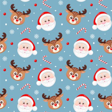Şirin Noel Baba ve mavi arka planda ren geyiği yüzleri olan kusursuz bir desen. Mutlu Noeller ve mutlu yıllar. Baskı, ambalaj kağıdı, tekstil, kumaş, duvar kağıdı için tasarım
