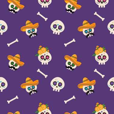 Dia de Los Muertos - Meksika Ölüler Günü renkli Meksika geleneksel nesneleriyle kusursuz desen. Baskı, ambalaj kağıdı, tekstil, kumaş, duvar kağıdı için tasarım. Vektör illüstrasyonu