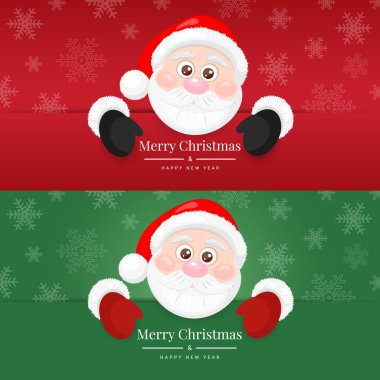 Mutlu Noeller ve mutlu yıllar. Kart seti, kırmızı ve yeşil arka planda şirin Noel Baba 'lı pankart şablonu. Vektör İllüstrasyonu