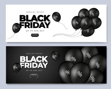 Siyah balonlu Kara Cuma pankartı. Alışveriş satışı, tanıtım afişi, web ve sosyal medya için tasarım şablonu. Vektör illüstrasyonu
