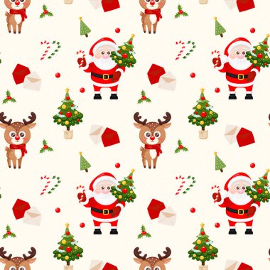 Sevimli Noel Baba, ren geyiği, Noel ağacı, şeker kamışı ve bej arka planda çoban püskülü. Mutlu Noeller ve mutlu yıllar. Baskı, ambalaj kağıdı, tekstil, kumaş, duvar kağıdı için tasarım