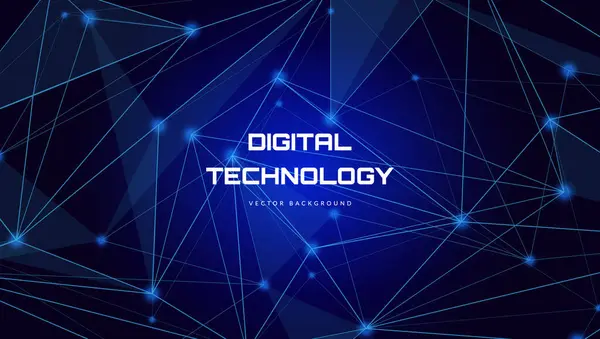 Bağlı mavi çizgileri olan dijital teknoloji afişi. Sinirsel ağ kavramı, yapay zeka dijital devre kartı teknolojisi, internet ağı hızı, siber nano bilgi, büyük veri. Koyu mavi renkteki vektör soyut arkaplanı