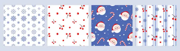 Noel Baba, kar taneleri, şeker kamışı, kırmızı böğürtlen ve Noel çobanpüskülü ile Noel Baba 'nın kusursuz desenleri. Baskı, ambalaj kağıdı, tekstil, kumaş, duvar kağıdı için tasarım. Vektör illüstrasyonu
