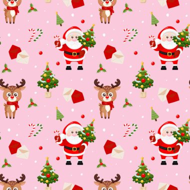 Şirin Noel Baba, ren geyiği, Noel ağacı, baston şeker ve pembe arka planda çoban püskülü. Mutlu Noeller ve mutlu yıllar. Baskı, ambalaj kağıdı, tekstil, kumaş, duvar kağıdı için tasarım