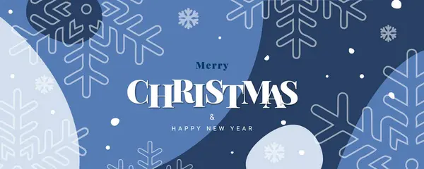 Mutlu Noeller ve mutlu yıllar tebrik kartı ya da internet afişi. Mavi zemin üzerinde tipografi ve kar taneleri olan Xmas modern tasarımı.