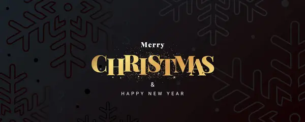 Mutlu Noeller ve mutlu yıllar tebrik kartı ya da internet afişi. Altın tipografili lüks Xmas modern tasarımı, kar taneleri ve siyah zemin üzerindeki gliter.