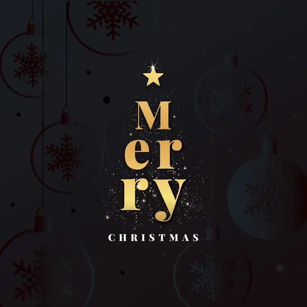 Mutlu Noeller ve mutlu yıllar tebrik kartı ya da internet afişi. Lüks Xmas modern tasarımı altın tipografi, toplar, siyah arkaplanda kar taneleri.
