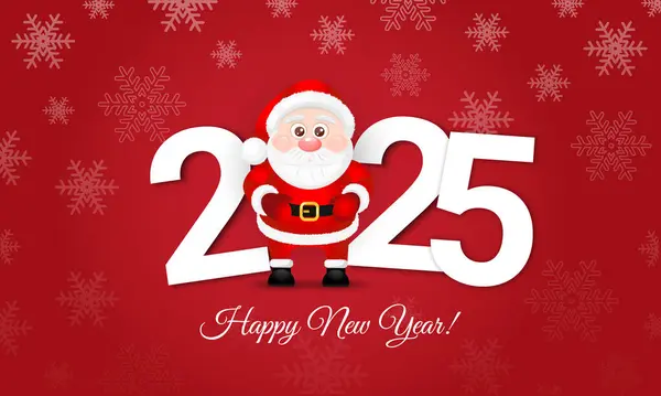 Mutlu yıllar 2025 afişi, kırmızı arka planda şirin Noel Baba 'nın olduğu kart şablonu. Vektör İllüstrasyonu