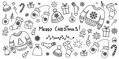 Elle çizilmiş süveter, şapka, eldiven, çorap ve diğer Xmas elementleriyle. Mutlu Noeller ya da afişler. Kış dönemi. Vektör illüstrasyonu