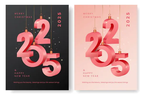 Yeni yılınız kutlu olsun. Siyah ve açık arkaplanda parlak pembe numaralar dizayn edildi. Modern kış pankartı seti, poster veya tebrik kartı şablonu.