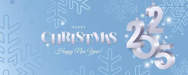 Merry Christmas and Happy New Year 2025 greeting card, banner. Luxury Xmas modern design with silver typography, snowflakes on blue background.	