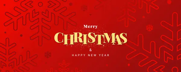 Merry Christmas and Happy New Year greeting card, banner. Luxury Xmas modern design with gold typography, snowflakes and gliter on red background.	