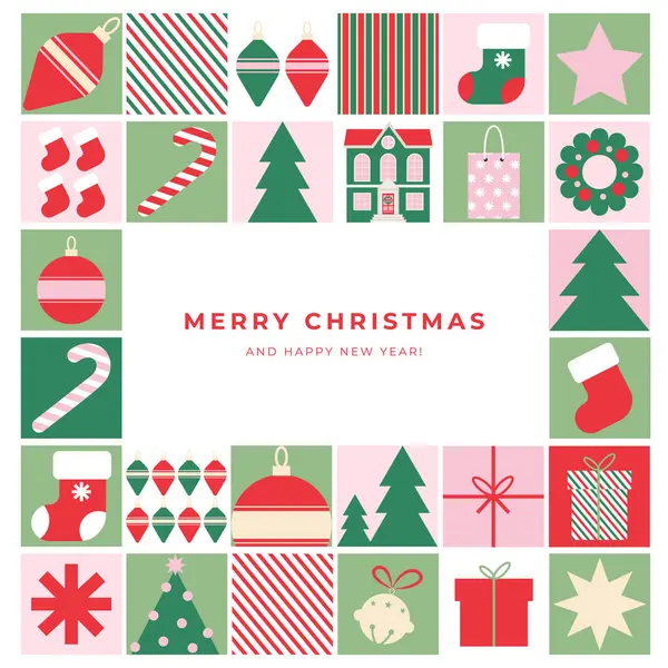 Mutlu Noeller ve mutlu yıllar tebrik kartı, afiş, basit geometrik tarzda kaplanmış Noel ağacı, balo, şekerler.