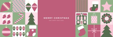 Mutlu Noeller ve mutlu yıllar bayrağı, tatil kapağı, poster. Geometrik tarzda modern Xmas tasarımı. Reklamlar, satışlar, baskılar, sezon kutlamaları için tasarım şablonları