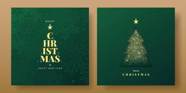Mutlu Noeller ve mutlu yıllar tebrik kartı ya da afiş. Altın tipografi, toplar, kar taneleri, Noel ağacı ve yeşil arka planda parlayan lüks Xmas dizaynı