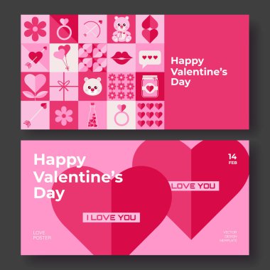 Mutlu Sevgililer Günü yatay afişleri, kartlar, modern geometrik tarzda basit tatil simgeleriyle birlikte poster setleri. Selamlama, reklam, satış, baskı için yaratıcı bir kavram