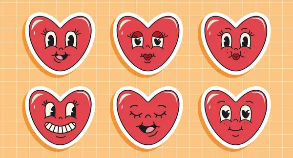 Harika bir kalp çıkartması seti. Yüzleri olan kırmızı kalpler. Moda tarzında komik karakterler. Şirin emoji. Sevgililer günün kutlu olsun. Sarı arkaplanda vektör illüstrasyonu.