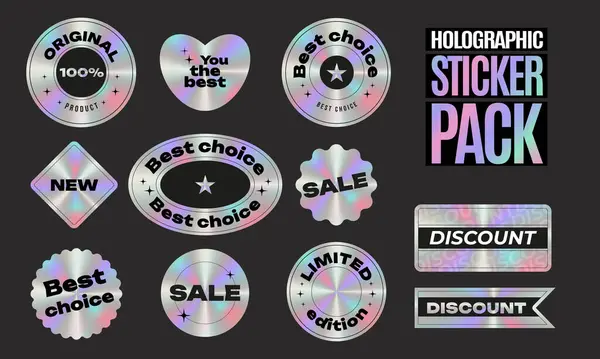 Modern holografik etiket seti, etiket şablonları. Parlak gökkuşağı amblemi. Orijinal, sınırlı üretim. Yeni, indirimli, en iyi seçim. Vektör illüstrasyonu