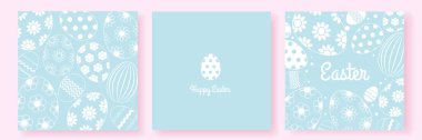 Mutlu Paskalya tebrik kartları, afiş kapakları. Mavi pastel arka planda çiçekli beyaz yumurtalarla tasarım şablonu. Doğrusal tarzda modern minimalist tasarım. Vektör illüstrasyonu