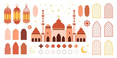 Ramazan Kareem ve Kurban Bayramı için geometrik düz bir şekilde İslami öğeler seti. Cami, fener, pencere, kemer, ay ve yıldızlar. Modern vektör illüstrasyonu