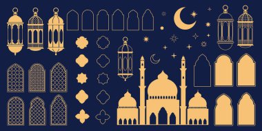 Ramazan Kareem ve Bayram Bayramları geometrik düzlükte ayarlandı. İslam Camii, fenerler, pencereler, kemerler, ay ve yıldızlar. Altın rengi modern vektör illüstrasyonu