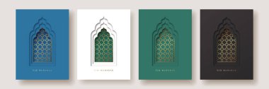 Oriental Islamic windows or arches set for Ramadan Kareem and Eid Mubarak. Design template with cut out paper effect for greeting banner, card, advertising, sale, web, poster. Vector illustration in blue, green, black, white and gold colors clipart