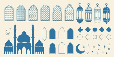 Ramazan Kareem ve Kurban Bayramı için geometrik düz bir şekilde İslami öğeler seti. Cami, fener, pencere, kemer, ay ve yıldızlar. Modern vektör illüstrasyonu