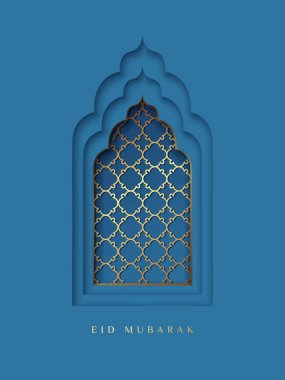 Oriental Islamic window or arch for Ramadan Kareem and Eid Mubarak. Design template with cut out paper effect for greeting banner, card, advertising, sale, web, poster. Vector illustration in traditional blue and gold colors clipart