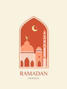 Doğu İslam pencereleri ve Ramazan Kareem ve Kurban Bayramı için kemer. Pankart, reklam, satış, web, poster için düz bir tasarım şablonu. Vektör illüstrasyonu