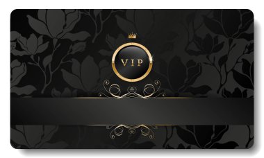 Siyah ve altın renkli VIP kartı ve taç, sadece kulüp üyeleri için çiçek deseni, kumarhane, davetiye