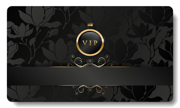 Black and gold luxury premium VIP card  with crown, floral pattern for club members only, casino, invitation