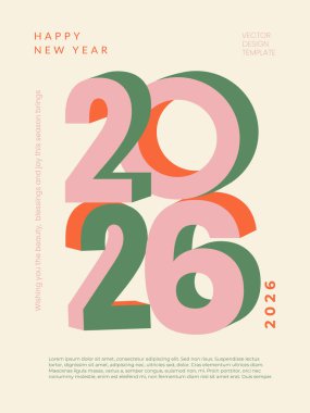 Mutlu yıllar 2026 rakamlı modern moda posteri. Yaratıcı afiş ya da kapak konsepti. Yeşil, pembe ve turuncu renkli tipografi ile dizayn şablonu