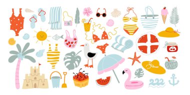 Güzel bir karalama klip ya da çıkartma seti. Tatil için tatil plajı unsurları. Palmiye ağacı, şapka, dondurma, karpuz, mayo, terlik, kokteyl, deniz kabuğu, fotoğraf makinesi. Vektör düz resimleme.